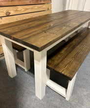 Load image into Gallery viewer, Narrow Farmhouse Table, Rustic Farmhouse Table with Benches, Espresso Dining Set with White Base