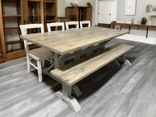 Load image into Gallery viewer, 7-Foot Dining Table Set - Farmhouse Trestle Style Base - Bench and Chair Options - Gray Whitewash, Distressed Base - Coastal Kitchen Table Set