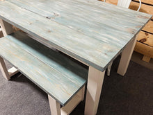 Load image into Gallery viewer, Vintage Aqua Farmhouse Table Set - Great for Small Dining Area 5ft - White with a White washed Aqua Top - Seating: Chairs and Bench
