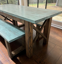 Load image into Gallery viewer, Narrow Farmhouse Dining Table - With Benches - Teal, Dark Walnut - Beach Décor Feel - Small Wooden Kitchen Table - X Design
