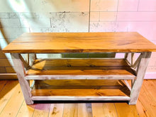 Load image into Gallery viewer, Rustic Farmhouse Buffet Table: Distressed White & Gunstock Shelving