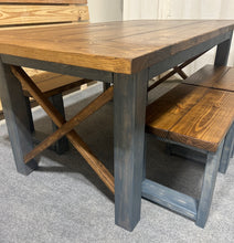 Load image into Gallery viewer, Modern Farmhouse Dining Set - With Bench and Stool Seating - Charcoal Gray and Provincial Brown - X Accents and Breadboard Ends
