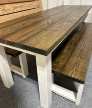 Load image into Gallery viewer, Narrow Farmhouse Table, Rustic Farmhouse Table with Benches, Espresso Dining Set with White Base