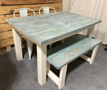 Load image into Gallery viewer, Vintage Aqua Farmhouse Table Set - Great for Small Dining Area 5ft - White with a White washed Aqua Top - Seating: Chairs and Bench