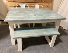 Load image into Gallery viewer, Vintage Aqua Farmhouse Table Set - Great for Small Dining Area 5ft - White with a White washed Aqua Top - Seating: Chairs and Bench