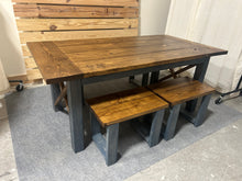 Load image into Gallery viewer, Modern Farmhouse Dining Set - With Bench and Stool Seating - Charcoal Gray and Provincial Brown - X Accents and Breadboard Ends