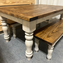 Load image into Gallery viewer, Turned Leg Farmhouse Dining Table - With Benches - Provincial Brown and Sun Bleached Base - Breadboard Ends - Kitchen Table Set