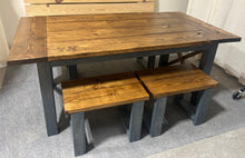 Load image into Gallery viewer, Modern Farmhouse Dining Set - With Bench and Stool Seating - Charcoal Gray and Provincial Brown - X Accents and Breadboard Ends