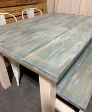Load image into Gallery viewer, Vintage Aqua Farmhouse Table Set - Great for Small Dining Area 5ft - White with a White washed Aqua Top - Seating: Chairs and Bench