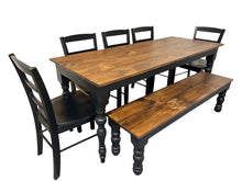 Load image into Gallery viewer, Modern Farmhouse Dining Set: Black Base, Provincial Brown Top, Turned Leg Table