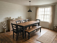 Load image into Gallery viewer, Modern Farmhouse Dining Set: Black Base, Provincial Brown Top, Turned Leg Table