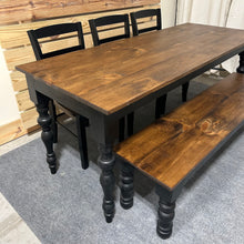 Load image into Gallery viewer, Modern Farmhouse Dining Set: Black Base, Provincial Brown Top, Turned Leg Table