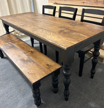 Load image into Gallery viewer, Modern Farmhouse Dining Set: Black Base, Provincial Brown Top, Turned Leg Table