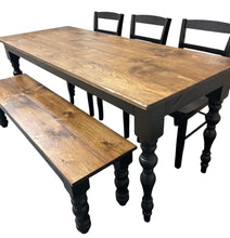 Load image into Gallery viewer, Modern Farmhouse Dining Set: Black Base, Provincial Brown Top, Turned Leg Table