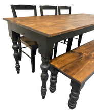 Load image into Gallery viewer, Modern Farmhouse Dining Set: Black Base, Provincial Brown Top, Turned Leg Table