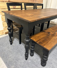 Load image into Gallery viewer, Modern Farmhouse Dining Set: Black Base, Provincial Brown Top, Turned Leg Table