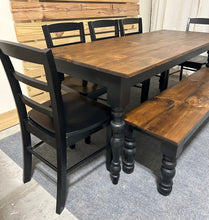 Load image into Gallery viewer, Modern Farmhouse Dining Set: Black Base, Provincial Brown Top, Turned Leg Table