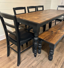 Load image into Gallery viewer, Modern Farmhouse Dining Set: Black Base, Provincial Brown Top, Turned Leg Table