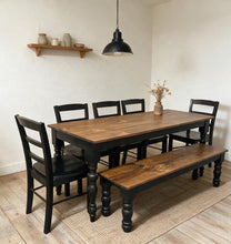 Load image into Gallery viewer, Modern Farmhouse Dining Set: Black Base, Provincial Brown Top, Turned Leg Table