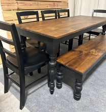 Load image into Gallery viewer, Modern Farmhouse Dining Set: Black Base, Provincial Brown Top, Turned Leg Table