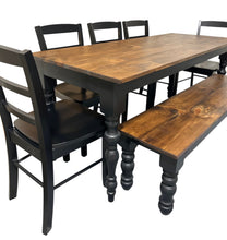 Load image into Gallery viewer, Modern Farmhouse Dining Set: Black Base, Provincial Brown Top, Turned Leg Table