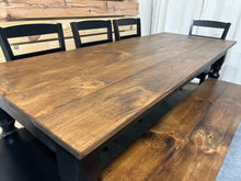 Load image into Gallery viewer, Modern Farmhouse Dining Set: Black Base, Provincial Brown Top, Turned Leg Table