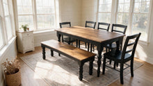 Load image into Gallery viewer, Modern Farmhouse Dining Set: Black Base, Provincial Brown Top, Turned Leg Table