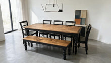 Load image into Gallery viewer, Modern Farmhouse Dining Set: Black Base, Provincial Brown Top, Turned Leg Table