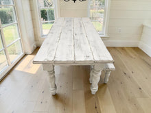 Load image into Gallery viewer, 7-Foot Rustic Farmhouse Table and Bench with Turned Legs, White Distressed Top and Base, Wooden Dining Table, Kitchen Table