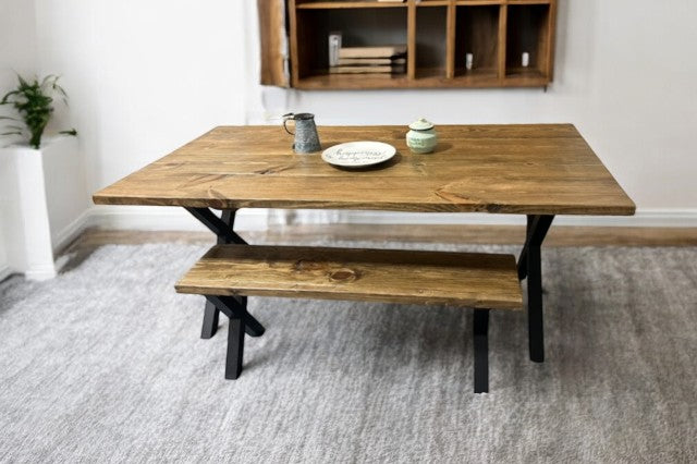 Table and Bench with Industrial Style Look 6ft Dining Table Set Roanoke Stain Steal Metal Legs Chair Options Available