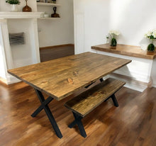 Load image into Gallery viewer, 6-Foot Industrial Dining Table Set: Roanoke Stain, Steel X Legs