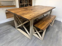 Load image into Gallery viewer, 6-Foot Dining Table Set, with Benches - Provincial Brown and Classic Gray - Wooden Farmhouse Kitchen Table with X Design