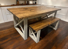 Load image into Gallery viewer, 6-Foot Dining Table Set, with Benches - Provincial Brown and Classic Gray - Wooden Farmhouse Kitchen Table with X Design