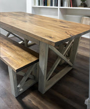 Load image into Gallery viewer, 6-Foot Dining Table Set, with Benches - Provincial Brown and Classic Gray - Wooden Farmhouse Kitchen Table with X Design