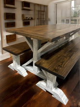 Load image into Gallery viewer, 6-Foot Farmhouse Dining Table Set: Trestle Base, Distressed White & Dark Walnut