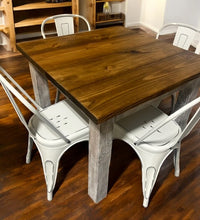 Load image into Gallery viewer, Square Table Set - Farmhouse Style Table with Distressed White and Provincial Brown - White Metal Chairs - Small Kitchen Table Set