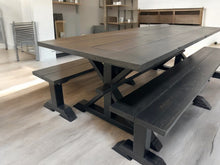 Load image into Gallery viewer, Black Modern Trestle Farmhouse Table, With Benches, Stained True Black, Dining Table or Kitchen Table Set