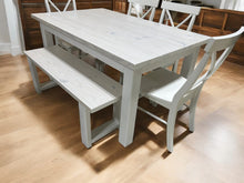 Load image into Gallery viewer, White Dining Table Set - Chair and Bench Combo - Marshmallow White, Antique White - Coastal Farmhouse Kitchen Table Set
