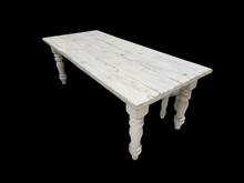 Load image into Gallery viewer, 7-Foot Rustic Farmhouse Table and Bench with Turned Legs, White Distressed Top and Base, Wooden Dining Table, Kitchen Table