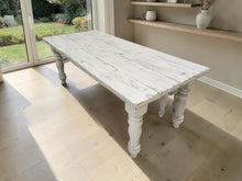 Load image into Gallery viewer, 7-Foot Rustic Farmhouse Table and Bench with Turned Legs, White Distressed Top and Base, Wooden Dining Table, Kitchen Table