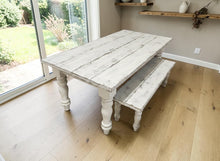 Load image into Gallery viewer, 7-Foot Rustic Farmhouse Table and Bench with Turned Legs, White Distressed Top and Base, Wooden Dining Table, Kitchen Table
