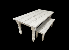 Load image into Gallery viewer, 7-Foot Rustic Farmhouse Table and Bench with Turned Legs, White Distressed Top and Base, Wooden Dining Table, Kitchen Table