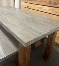 Load image into Gallery viewer, Narrow 6ft Dining Table Set - Rustic Farmhouse Style - With Benches - Provincial Brown with Gray Whitewash Top - Wooden Kitchen Table