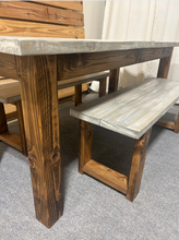 Load image into Gallery viewer, Narrow 6ft Dining Table Set - Rustic Farmhouse Style - With Benches - Provincial Brown with Gray Whitewash Top - Wooden Kitchen Table