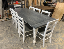Load image into Gallery viewer, Farmhouse Table with Turned Legs, Chair Set Carbon Gray Whitewash Top and Antique White Base, Wooden Dining Table