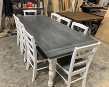 Load image into Gallery viewer, Farmhouse Table with Turned Legs, Chair Set Carbon Gray Whitewash Top and Antique White Base, Wooden Dining Table