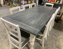 Load image into Gallery viewer, Farmhouse Table with Turned Legs, Chair Set Carbon Gray Whitewash Top and Antique White Base, Wooden Dining Table