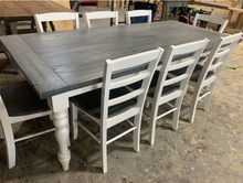 Load image into Gallery viewer, Farmhouse Table with Turned Legs, Chair Set Carbon Gray Whitewash Top and Antique White Base, Wooden Dining Table