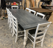 Load image into Gallery viewer, Farmhouse Table with Turned Legs, Chair Set Carbon Gray Whitewash Top and Antique White Base, Wooden Dining Table