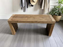 Load image into Gallery viewer, Modern Slatted Wood Bench – Entryway, Mudroom, or Foyer